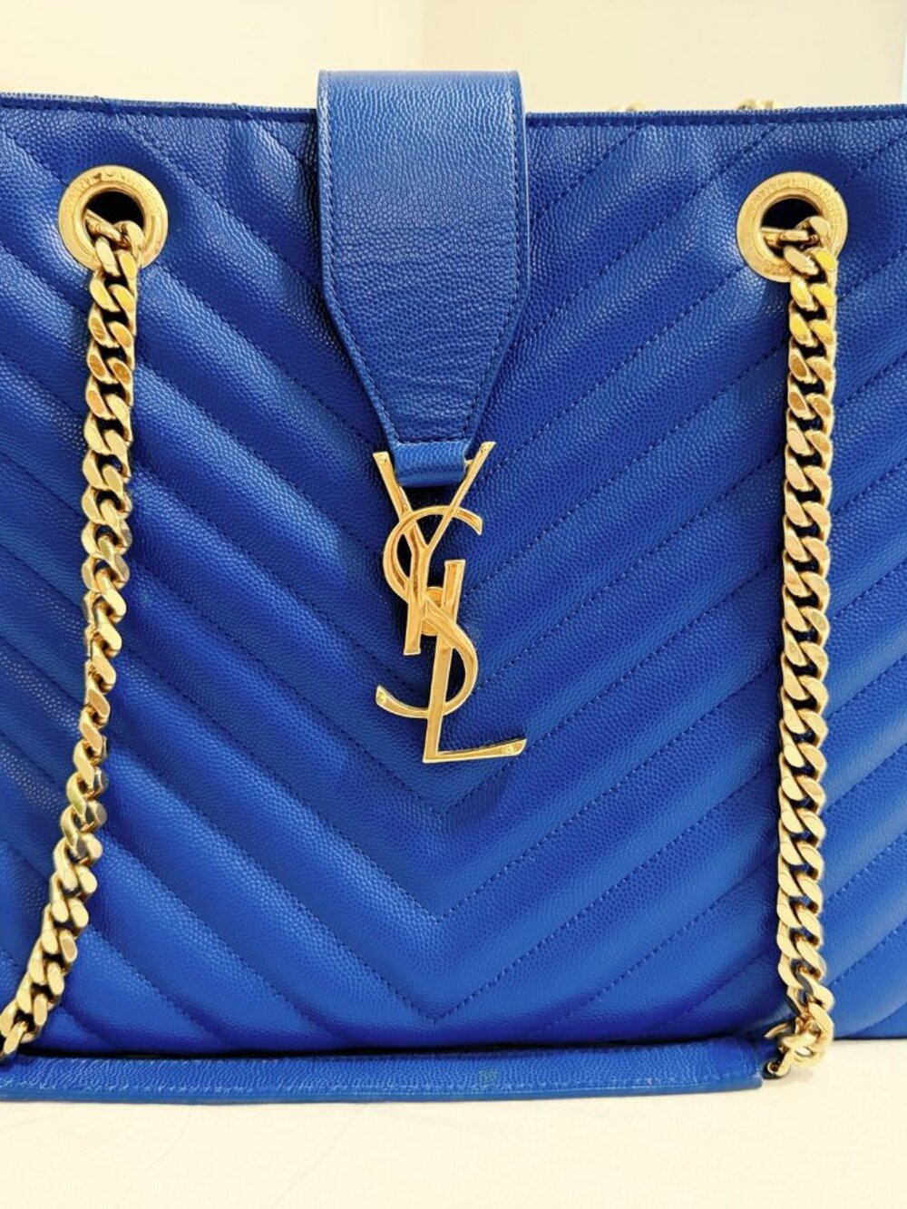 Saint Laurent Monogram Shopping Tote Cobalt Blue Grain de Poudre Chevron